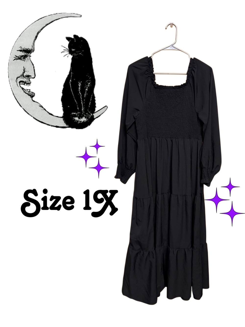 💀 Gothic Cottagecore Smocked Black Maxi Dress 1X Witchy Boho Halloween Dress 🦇